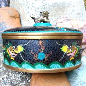 Beautiful Antique Asian Enamel and Brass Tea Container